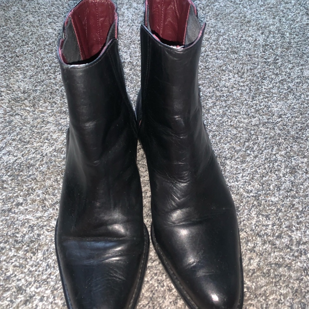 BCBG Black Leather Ankle Boots with Red Lining
